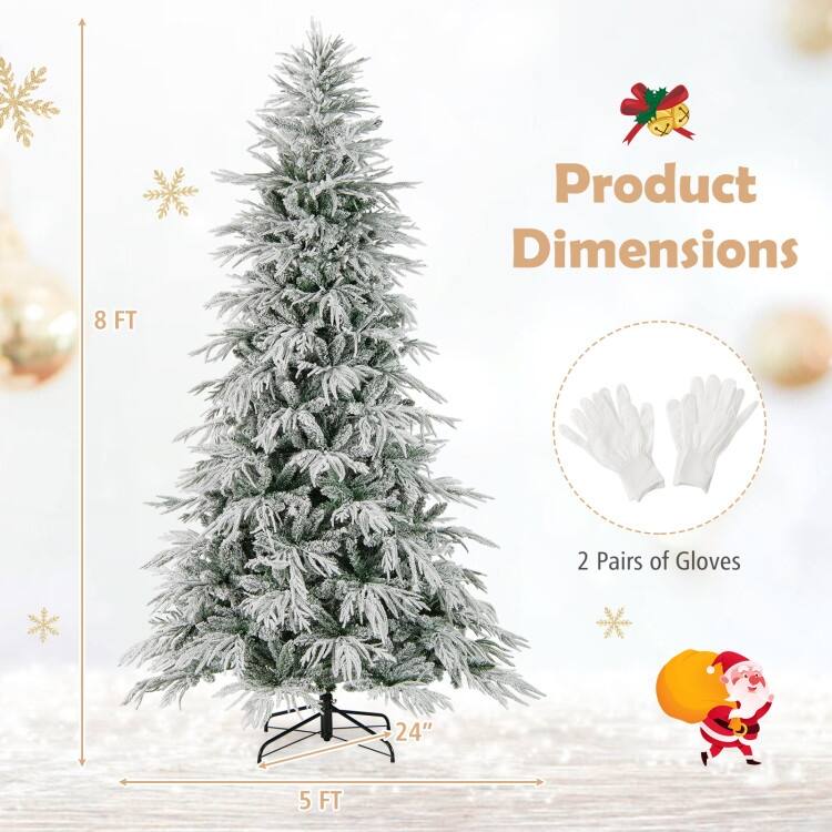 Pre Lit Snow Flocked Artificial Christmas Tree with Warm White LED Lights and Metal Stand