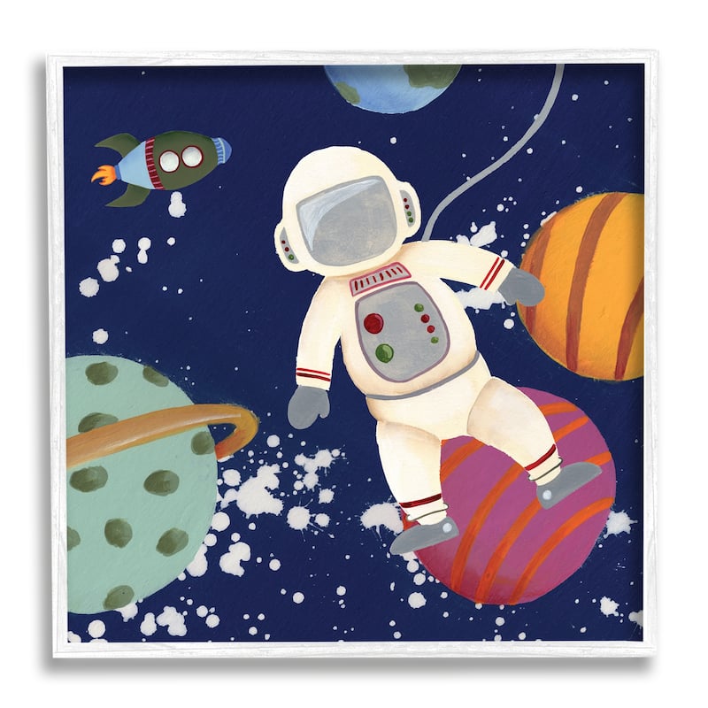 Stupell Playful Astronaut Floating In Space Planets Rocketship Framed Wall Art