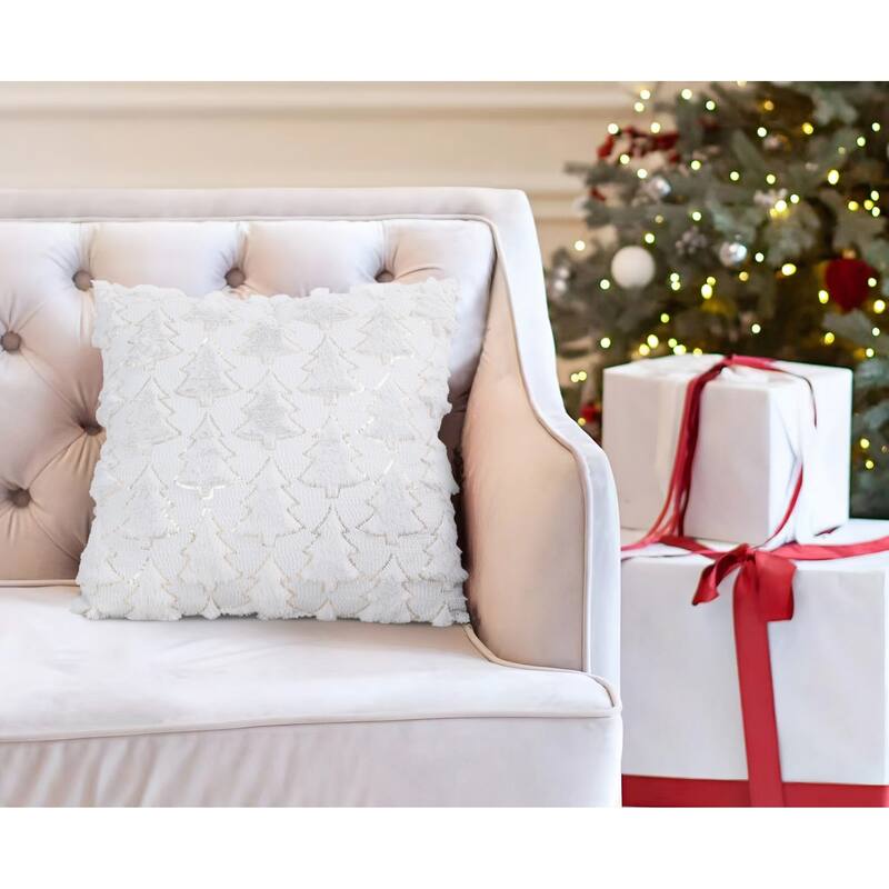 Tree Embroidered Pillow with Sequins - White