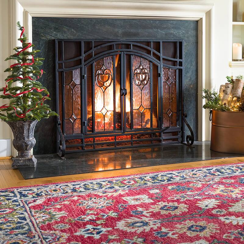 Large Two-Door Fireplace Screen with Glass Floral Panels - Black