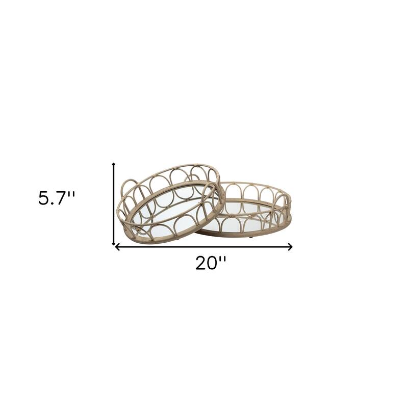 HomeRoots Set Of 2 20" Natural Blonde Wood With Intricately Railings And Mirrored Glass Bottom Round Tray