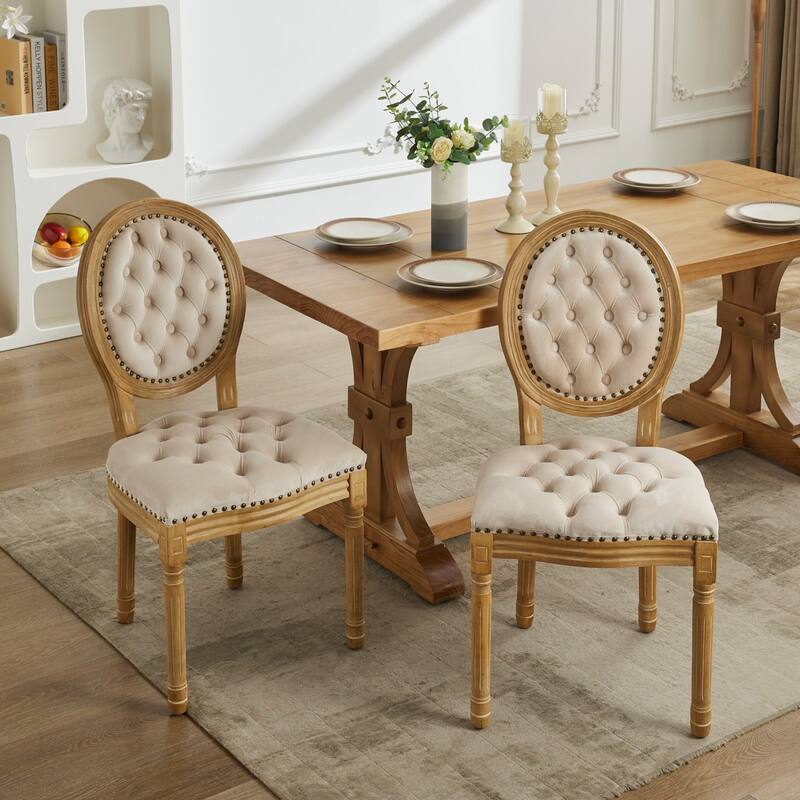 French Chair Dining Chair Solid Wood with Nailhead Trim Set of 2 - Beige Velvet