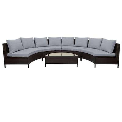 5-Piece All-Weather Brown PE Rattan Sectional Set – Half-Moon Outdoor Sofa with Tempered Glass Table for Patio & Garden