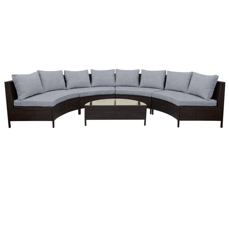 5 Pieces Patio Half-Moon Sofa Set with Tempered Glass Table