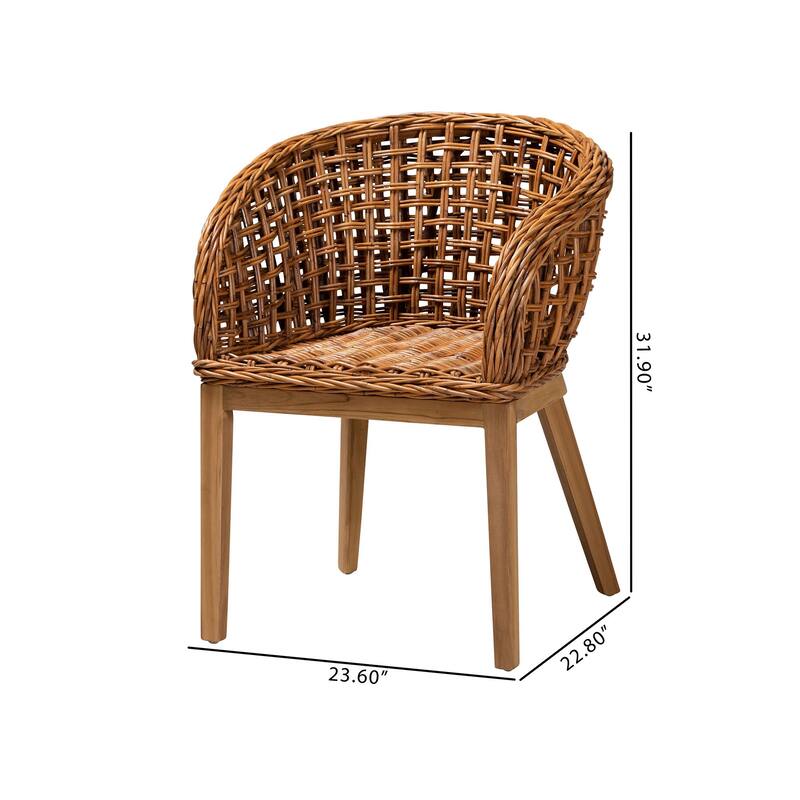 Mario Modern Bohemian Natural Brown Finished Teak Wood and Rattan 2-Piece Chair/ Stool Set