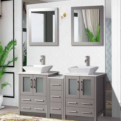 Vanity Art 60-inch double Sink Bathroom Vanity Set 7 Drawers, 3 Cabinets, 2 Shelves, Quartz Top with Free Mirror