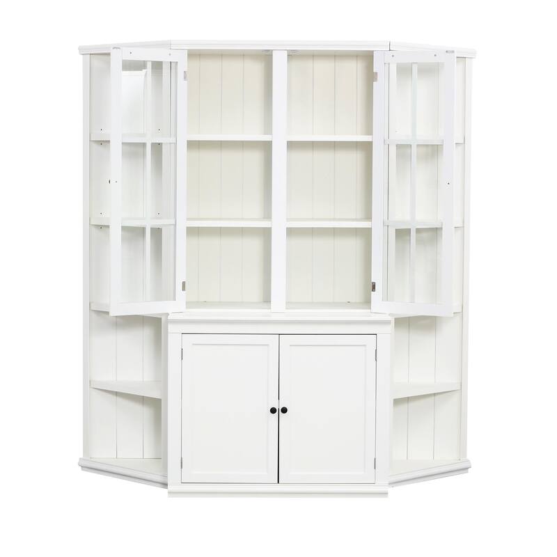 75.25"Tall Display Cabinet and Two Triangle Sided Bookshelves, 69.25"Wide Retro Style Wall Suit with Glass Doors