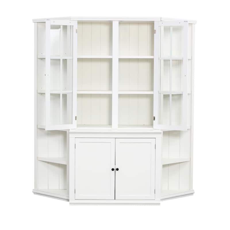 Roomfitters 75.25'' Display Cabinet with Glass Doors and Two Triangle Bookshelves, Retro Wall Storage Unit for Living Room