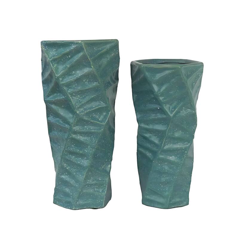 Teal Ceramic Vases Set of 2 with 3D Triangle Pattern and Twist Design - Green