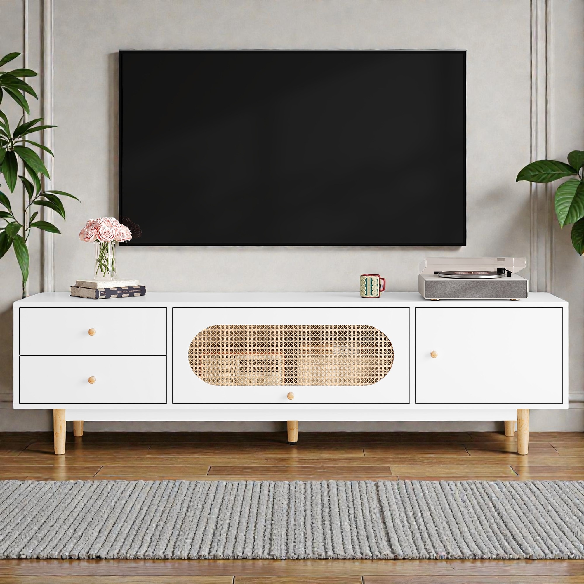 70 Inch TV Stand for TVs up to 80 Inches, Minimalist Media Console with Drawers, Rattan Flip-Up Storage and Solid Wood Legs
