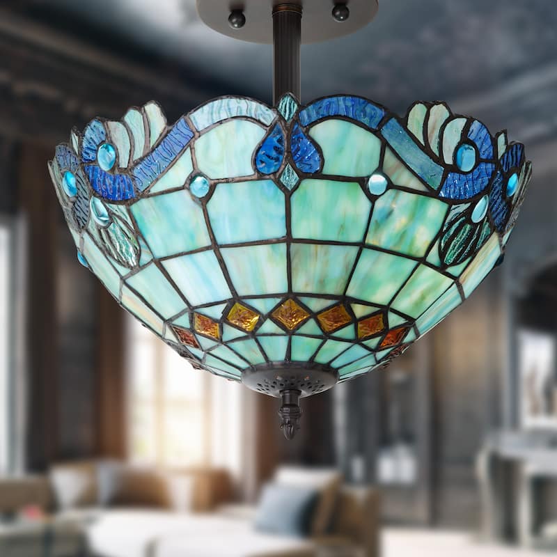 Anna River of Goods Metal and Blue Stained Glass Bowl Shade 13-Inch Semi-Flushmount Ceiling Light - 12.5" x 12.5" x 13"