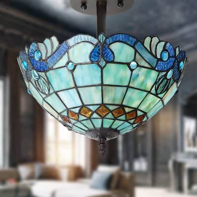 Anna River of Goods Metal and Blue Stained Glass Bowl Shade 13-Inch Semi-Flushmount Ceiling Light - 12.5" x 12.5" x 13"