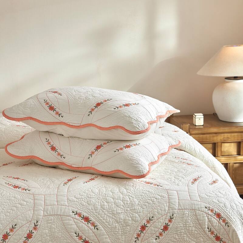 3Pcs Cotton French Country Quilt Bedspread Set Floral Embroidery