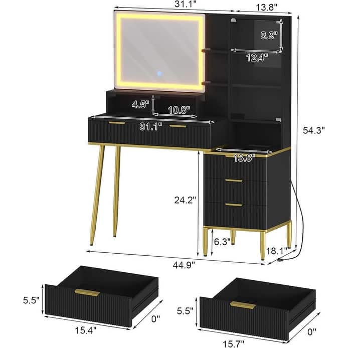 Makeup Vanity Desk with Lighted Mirror, 5 Drawers, Storage Shelves, Power Outlets