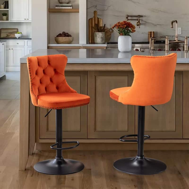 Velvet Upholstered Nailheads Tufted Swivel Bar Stools (Set of 2)