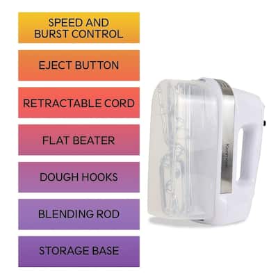 Kenmore 5-Speed Hand Mixer / Beater / Blender, White, 250W Electric Mixer with Dishwasher Safe Beaters, Dough Hooks