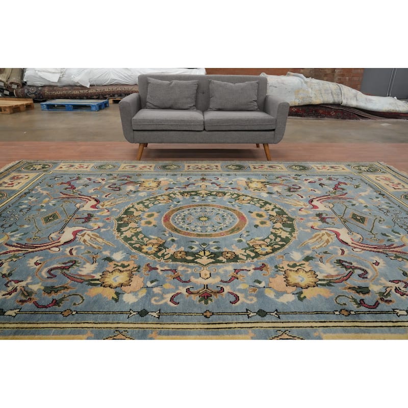 Hand Knotted Oriental 100% Wool Carpet Traditional Floral Navy Blue & Blues Ziegler Area Rug - 12' 3'' X 9' 0''