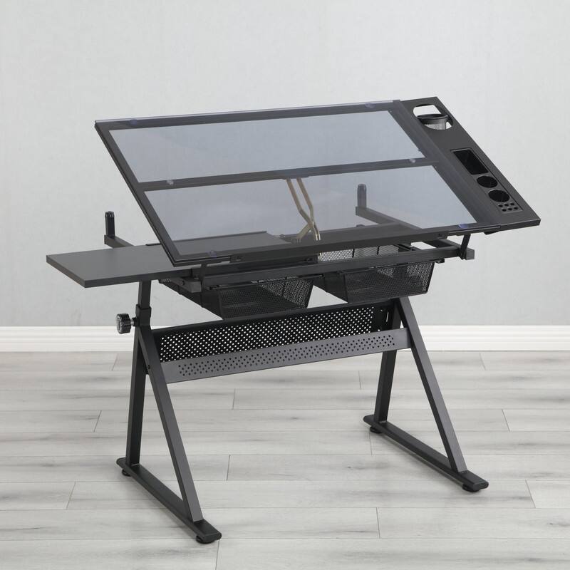 Black Adjustable Glass Drafting & Printing Table Set with Stool