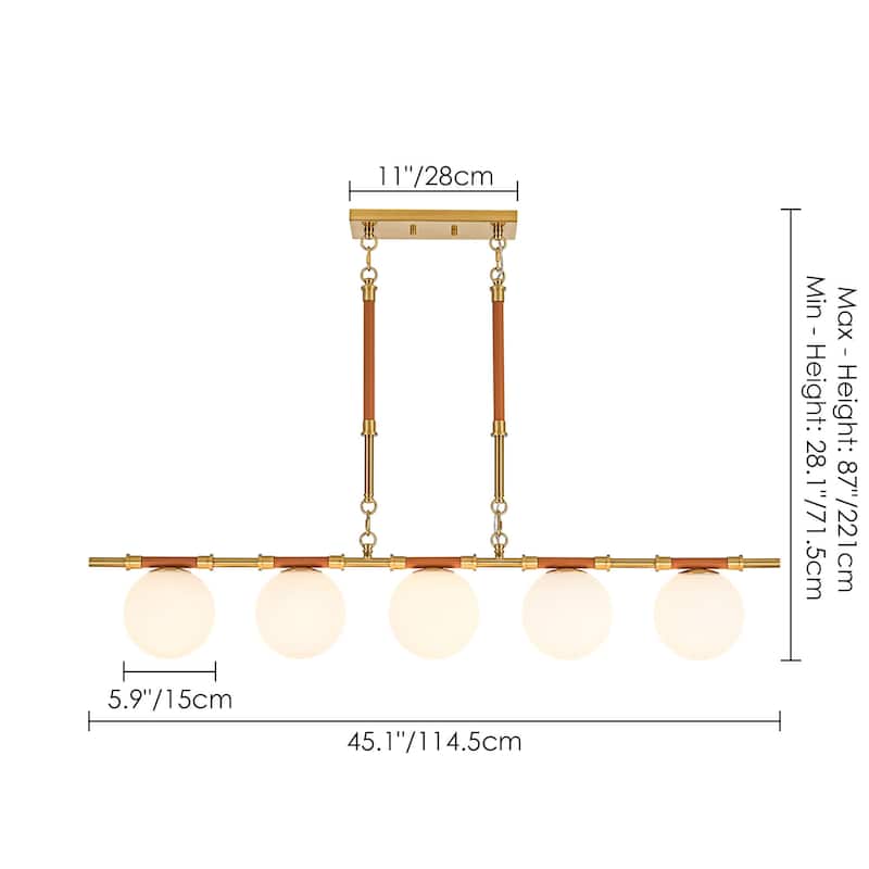 Modern French 5-Light Linear Chandelier in Brushed Brass with Textured Lychee Rods and Opal Globe Shades
