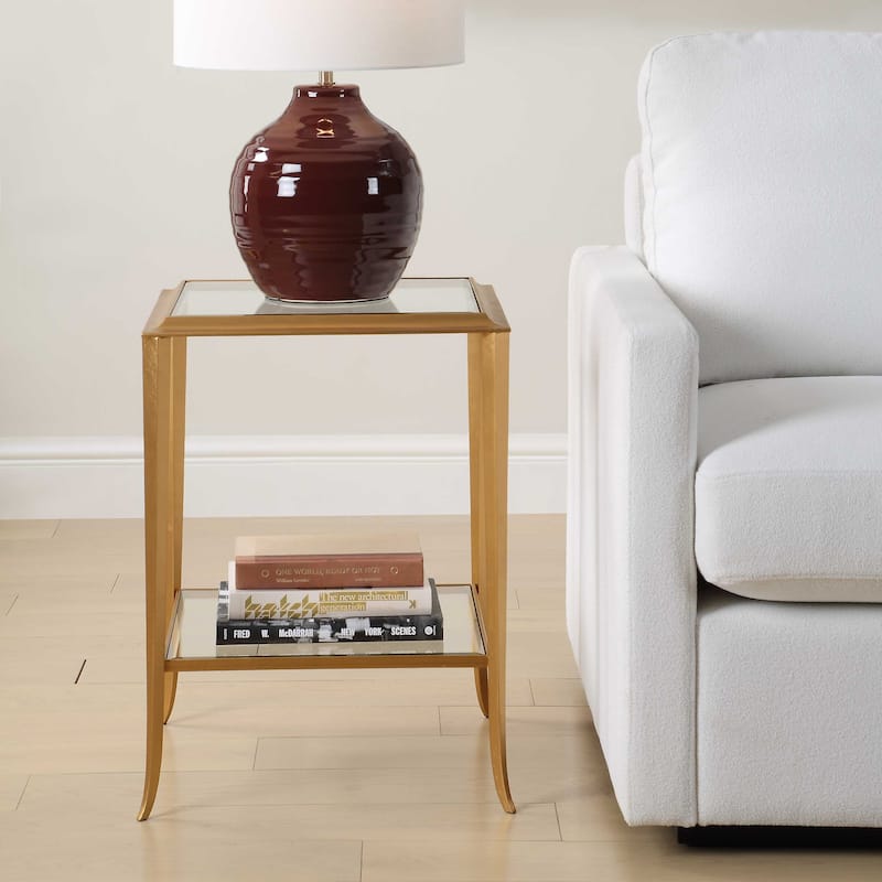 Strick & Bolton Gold Leaf Tempered Glass Square End Table
