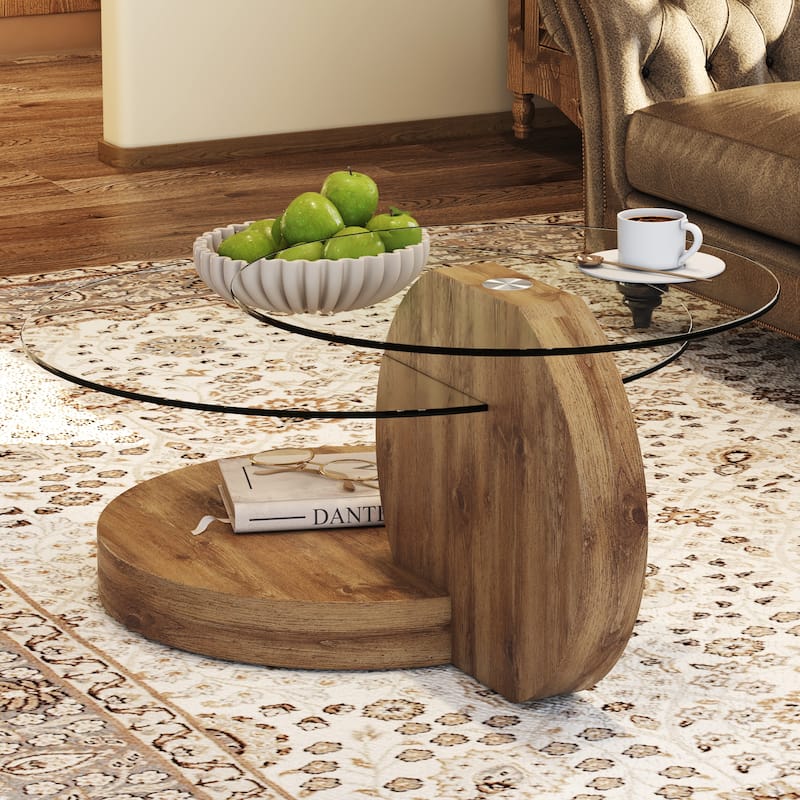Modern and practical double-layer round table. Glass table top, wood MDF table legs. Suitable for living room and bedroom.