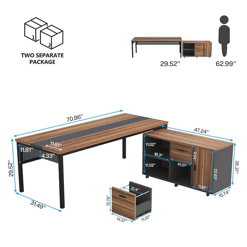 71 Inch Long Office Desk with Drawers & Mobile File Cabinet, L-Shaped Executive Desk with Storage for Home Office