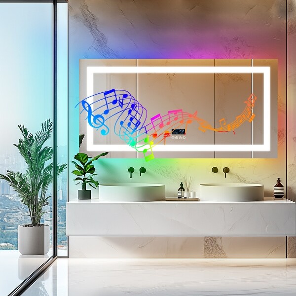 Smart Colorful RGB LED Illuminated Fog free Extra Large Bathroom Mirror with Bluetooth Speakers Digital Display