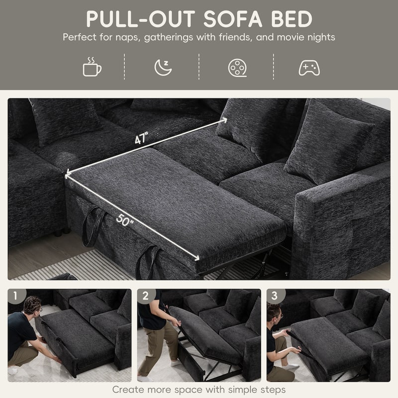 Roomfitters 117"x90" Modular Sectional Sofa Bed with Pull-Out Design, Flip-Up Table, Charging Ports, Storage Ottoman