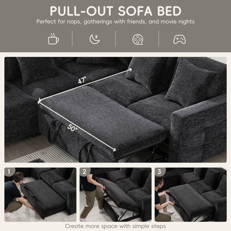 Tufted Chenille Sectional Sofa with Pull-out Bed, Flip-up Table Panel, Reading Lamp, Charging Ports, Storage Ottoman, 6 Pillows