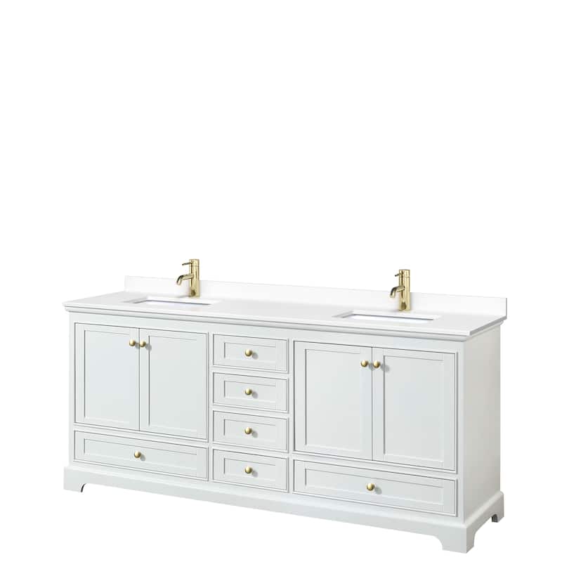 Deborah 80-inch Double Vanity, Cultured Marble Top - White, Gold Trim, White Cultured Marble Top