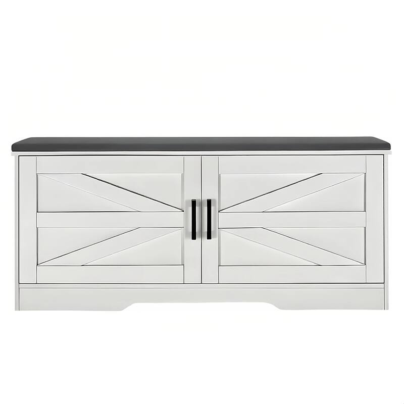 Shoe Bench with Padded Seat, Freestanding 2-Tier Entryway Bench, Storage Bench with 2 Barn Doors & 2 Adjustable Shelves