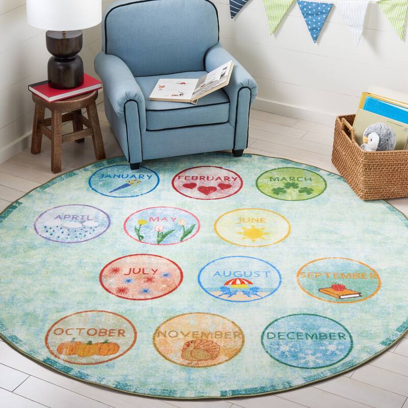 SAFAVIEH Kids Playhouse Machine Washable Slip Resistant Ronna Alphabet - 5' x 5' Round - Green/Blue