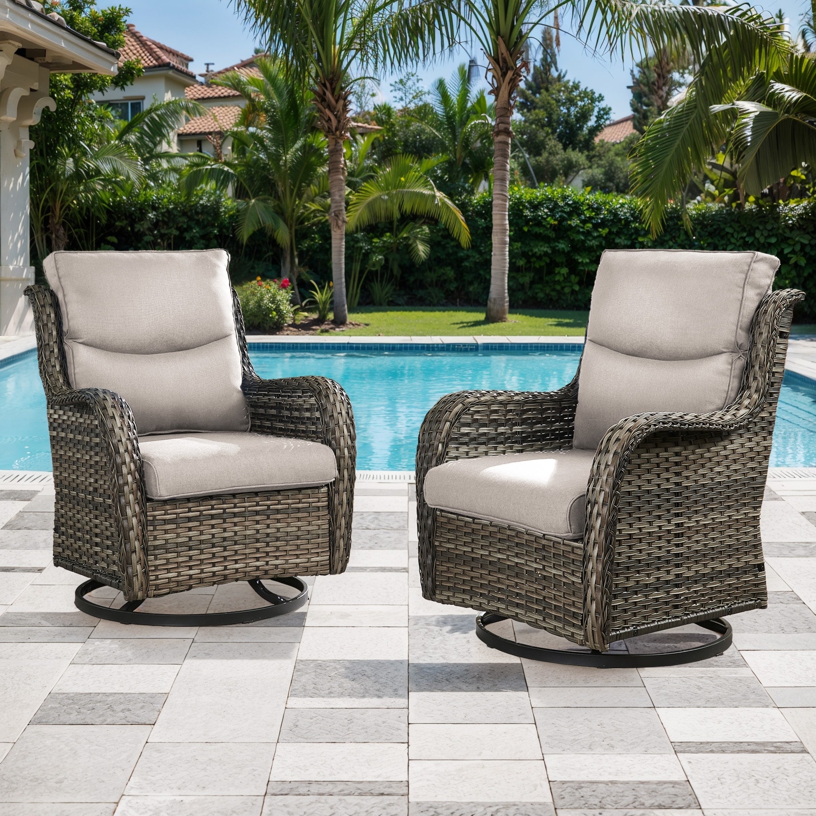 High Back Outdoor Swivel Patio Rattan Chairs- Grey cushion