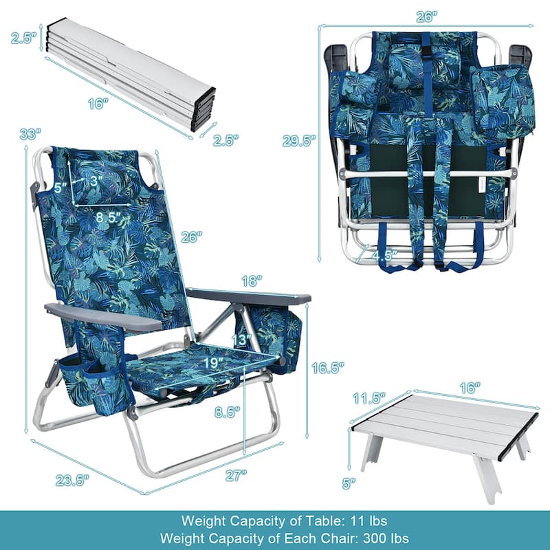 Costway 2-Pack Folding Backpack Beach Chair Table Set 5-Position
