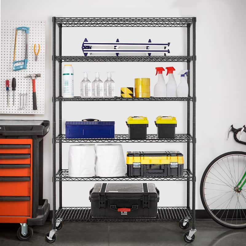 Liam 6-Tier NSF Certified Wire Shelving Unit Rack with Adjustable Shelving and Includes Wheels - Black