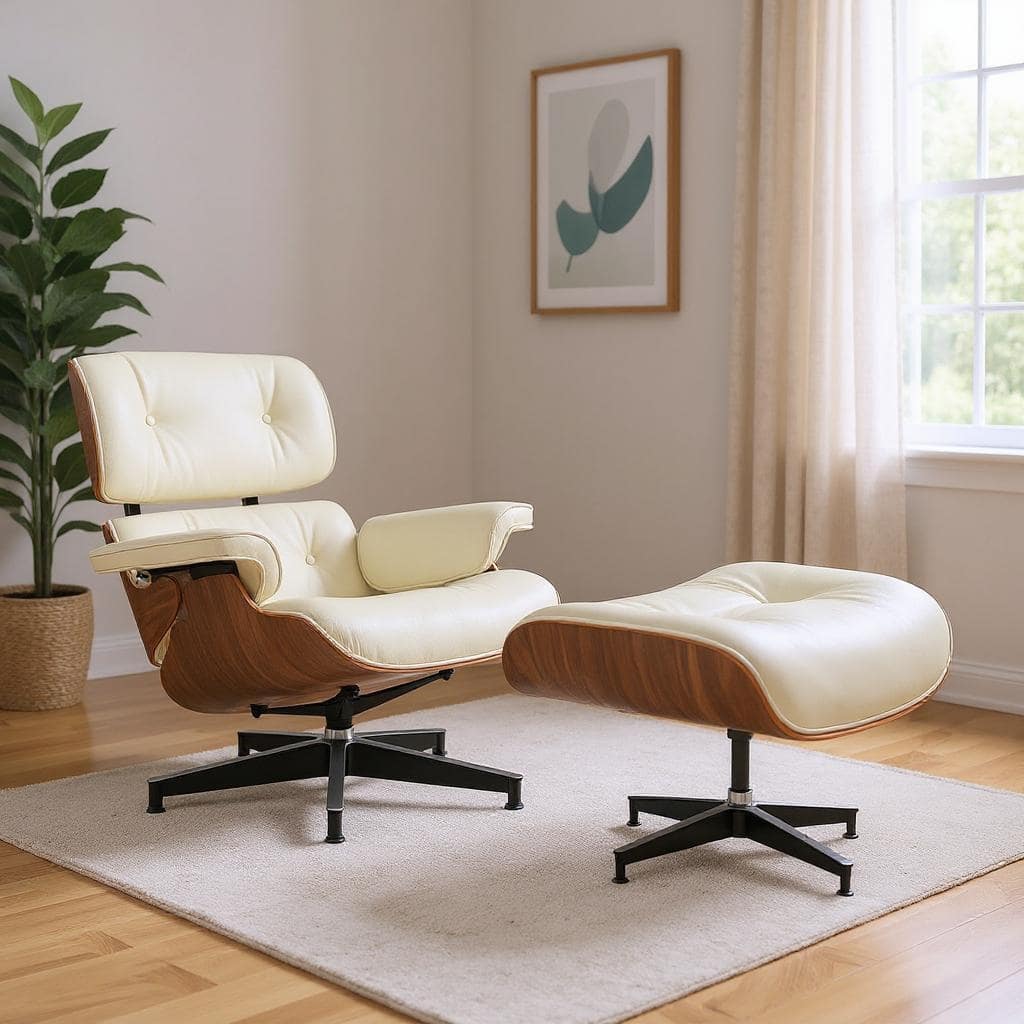 HomeRoots 27" Off White and Light Brown Tufted Genuine Leather Swivel Lounge Chair With Ottoman