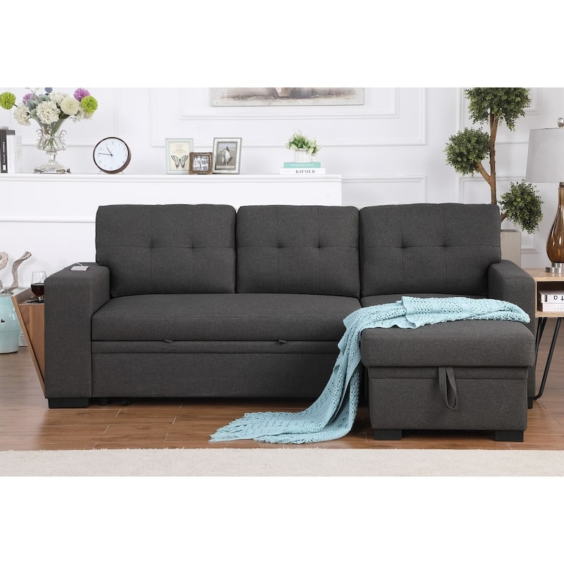 Linen L-Shaped Convertible Sectional Sofa Bed with Storage and Wooden Accent