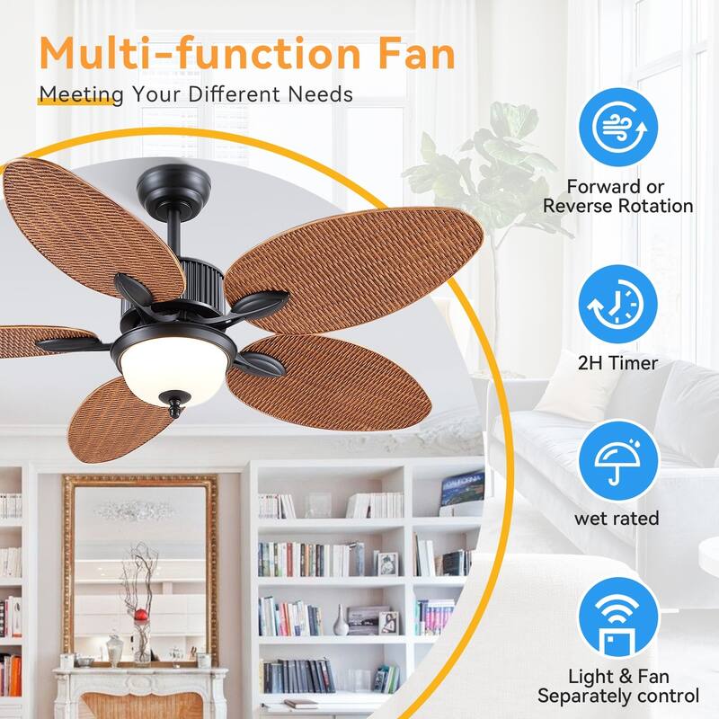 50 Inch Tropical Ceiling Fan with Palm Leaf Blades Glass Cover Remote Control Waterproof for Indoor and Outdoor Patio