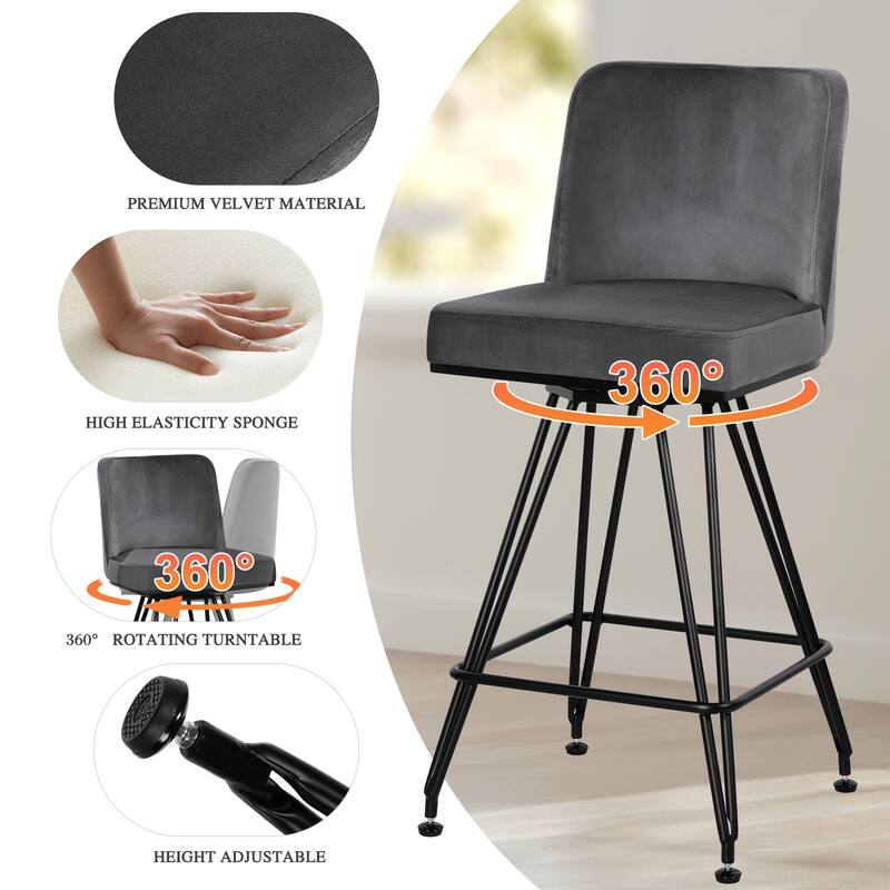 26" Leather/Velvet Swivel Counter Height Bar Stools - 38.2"H x 17.7"W x 19.1"D