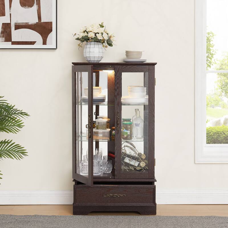 Lighted Glass Cabinet Curio Display Cabinet,Cherry