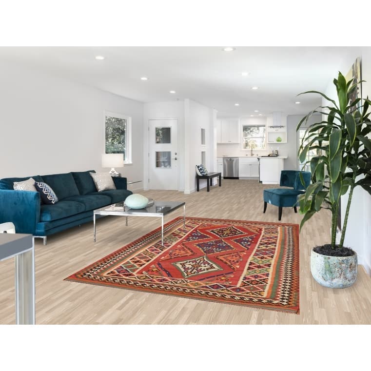 Orange Kilim Qashqai Persian Vintage Rug Flatweave Wool Carpet - 5'5"x 8'5"