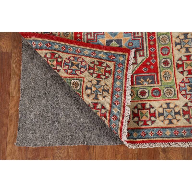 Geometric Kazak Runner Rug Hand-Knotted Oriental Red Wool Carpet - 2'9" x 9'11"