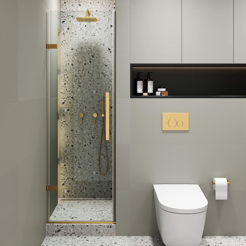 Fine Fixtures Hinged Clear Frameless Glass Shower Door Enclosure - 24 Inch - Satin Brass