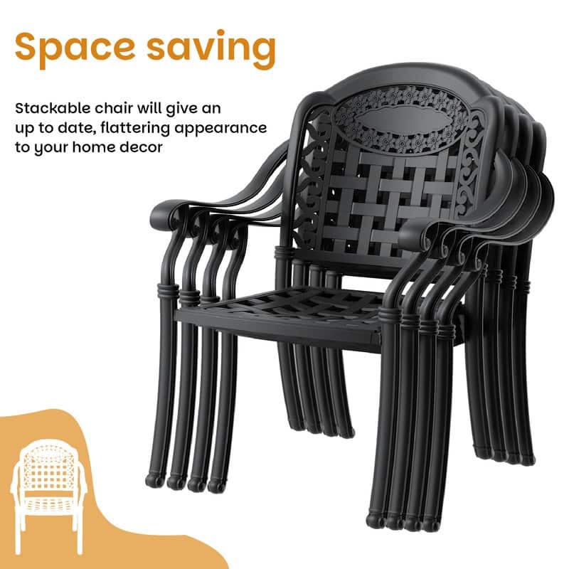 Black Stackable Cast Aluminum Patio Outdoor Dining Chairs With Blue Seat Cushions