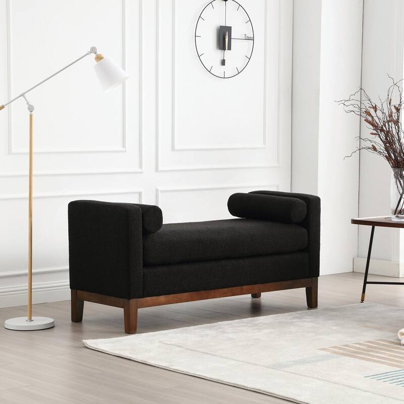 Elegant 53.5" Upholstered Ottoman Bench with Wood Legs & Bolster Pillows