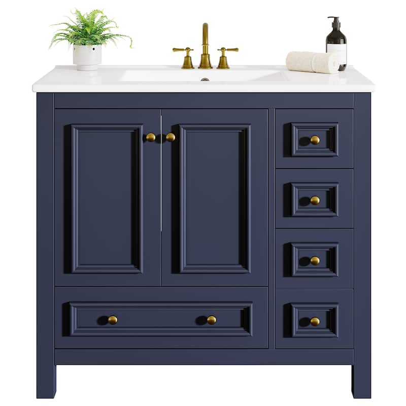Bathroom Vanity with Sink, Solid Wood Frame Freestanding Vanity with Door Organizer and Drawer