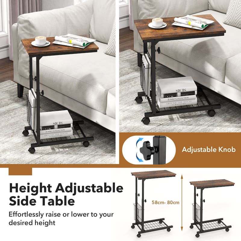 Gymax Set of 2 C-shaped Sofa Side Table Height Adjustable Compact End