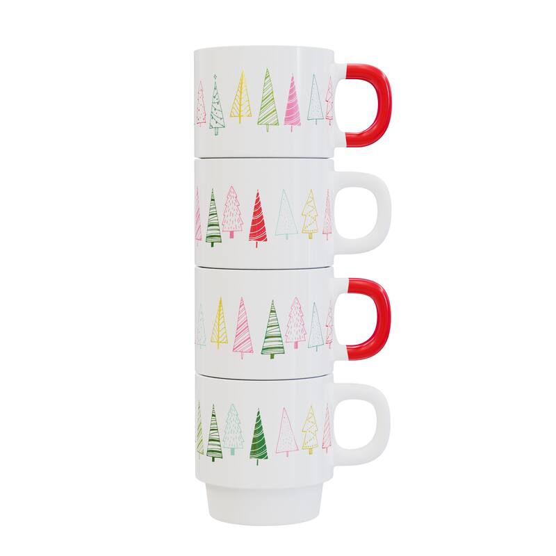 American Atelier Christmas 4 Ceramic Mugs and Rack Set - Color Trees