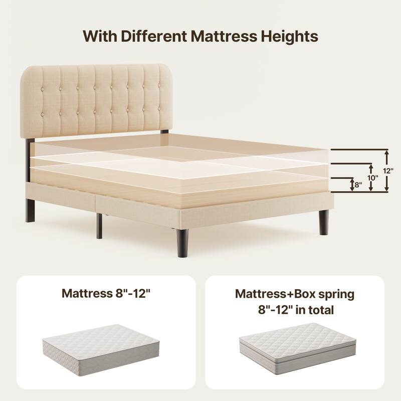 Full / Queen / King Bed Frame with Headboard, Upholstered Platform Bed with Sturdy Wooden Slats