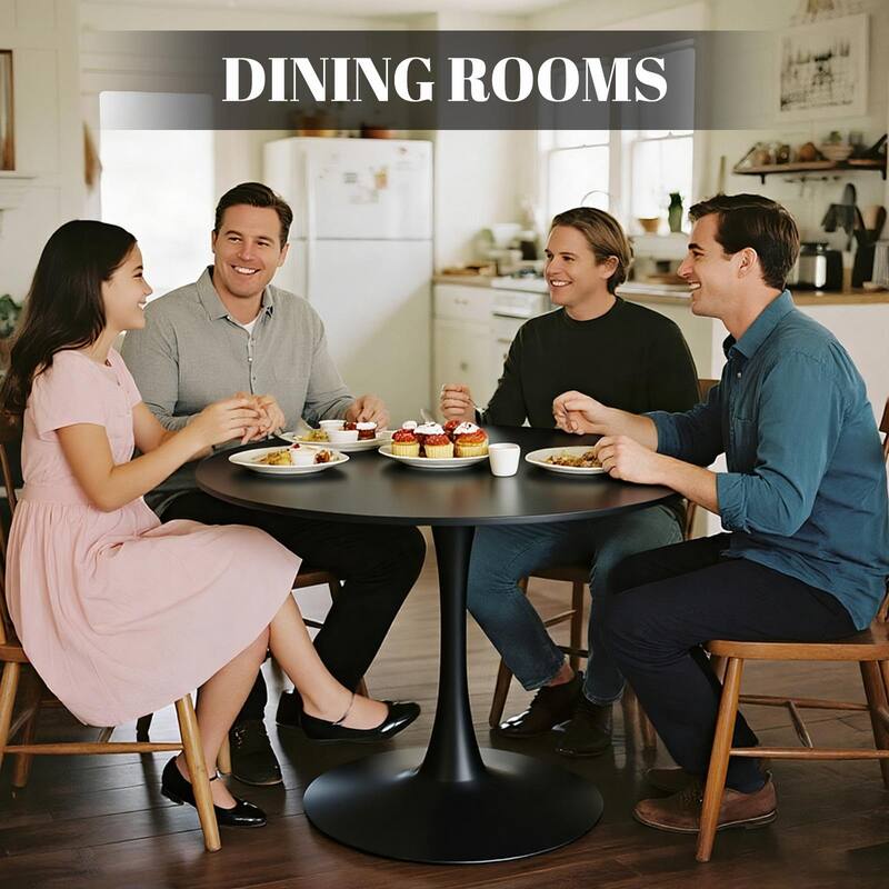 White Round Dining Table, Equipped with an elegant tulip-shaped metal base and a 31.5-inch medium-density fiberboard tabletop